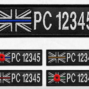 May include: Black rectangular embroidered patches with the text "PC 12345" in white. The patches feature the Union Jack flag with various colored stripes and a red poppy. The patches are for law enforcement.