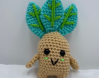Mandrake/Mandrake Crocheted Amigurumi/Mandrake in the colors light brown with teal leafs/Stuffed Toy/Kawaii Styled/Plush/Plushie.....