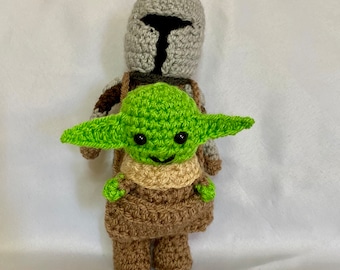A Crocheted Mando and Grogu Stuffed Toy/Amigurumi/kawaii Styled/Stuffed Toy/Mando and Grogu Plush/Plushie