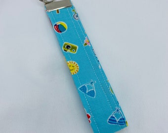 Key Fob Wristlet Keychain In Blue Summer Fun Print