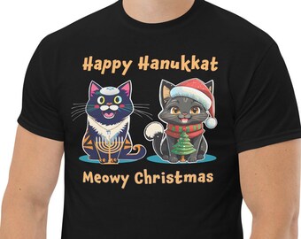 May include: Black t-shirt with a graphic of two cats celebrating Hanukkah and Christmas. The text on the shirt reads "Happy Hanukkah! Meowy Christmas!"