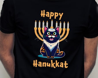 May include: Black t-shirt with a cartoon cat wearing a yarmulke and sitting in front of a menorah. The text "Happy Hanukkah" is written below the cat.