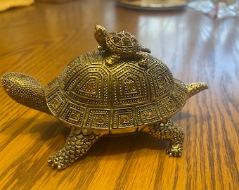 Bejeweled Brass Turtle Trinket Jewelry Box w Magnefier and Letter Opener Beautifully Detailed