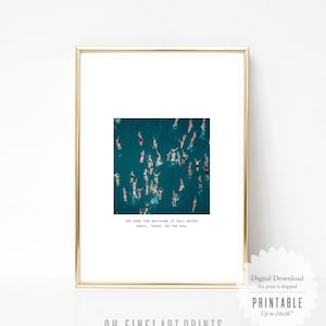 May include: An aerial view of a group of people swimming in a turquoise blue ocean. The text "THE CURE FOR ANYTHING IS SALT WATER, SWEAT, TEARS, OR THE SEA." is printed below the image.