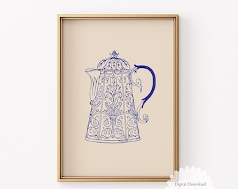 Arte de pared de cocina imprimible, ilustración de tetera vintage, decoración minimalista azul para cocina, descarga digital