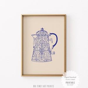 Utskrivbar köksväggkonst, illustration av vintage tekanna, blå minimalistisk köksdekor, digital nedladdning