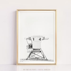 Beach Print, Lifeguard Chair Photo, Black and White Beachy Wall Art, Printable Wall Art, Prints, Digital Print, California Beach Decor