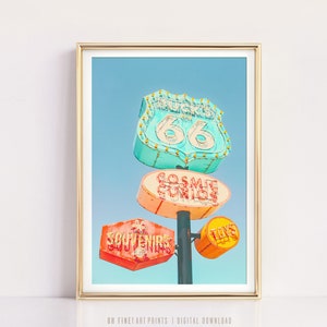 Vintage Route 66 Sign Photo, Printable Art, Mid Century Modern Decor, Colorful Pastel Retro Wall Art, Digital Prints Download
