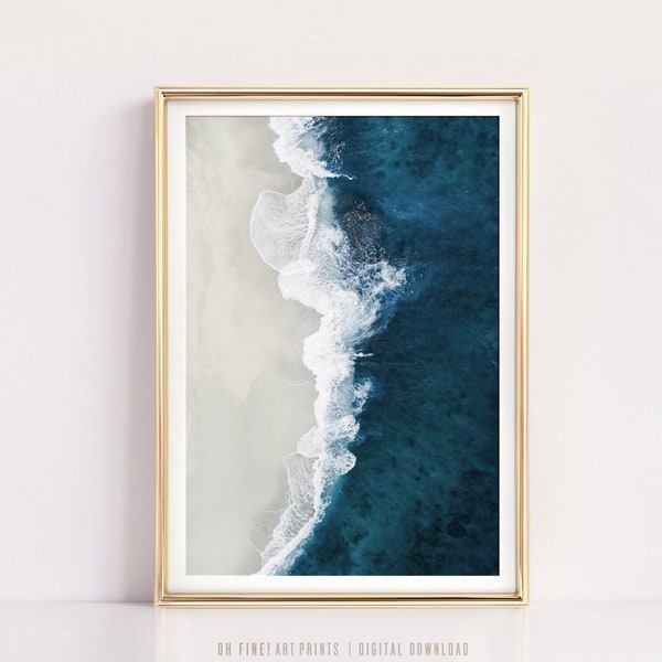 Beach Print Download, Aerial Ocean Print, Modern Coastal Printable, Wall Art, Prints, Indigo Blue Wall Decor, Beach Digital Print