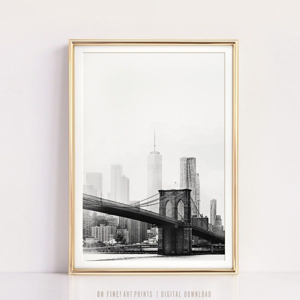 Impresión de Nueva York, Impresión en blanco y negro, Arte imprimible, Póster de la ciudad de Nueva York, Horizonte de Nueva York, Puente de Brooklyn, Descarga digital, Arte mural grande