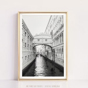 Impresión de Venecia, Italia, Puente de los Suspiros, fotografía, impresión en blanco y negro, arte de pared imprimible, póster de canal de Venecia, Italia, descarga digital