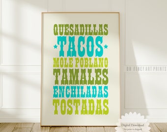 Arte de pared de cocina imprimible, descarga digital, impresión de póster de tipografía de comida mexicana, impresión digital de decoración occidental