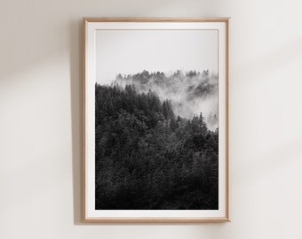 Impression d'art mural noir et blanc, impression de forêt, art scandinave, impressions numériques, affiche imprimable, impression de nature minimaliste, affiche de forêt