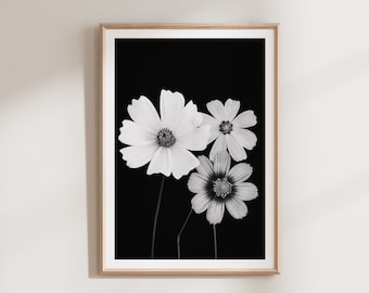 Printable Floral Wall Art, Black and White Cosmos Flower Print, Photography Digital Download, Minimalist Decor