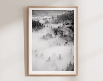 Foggy Forest Wall Art Print, Nordic Landscape Print, Black and White Print, Large Wall Art, Living Room Decor, Printable Art