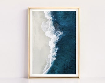 Beach Print Download, Aerial Ocean Print, Modern Coastal Printable, Wall Art, Prints, Indigo Blue Wall Decor, Beach Digital Print