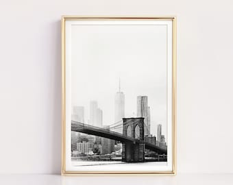 New York Print, Black and White Print, Printable Art, New York City Poster, NYC Skyline, Brooklyn Bridge, Digital Download, Large Wall Art