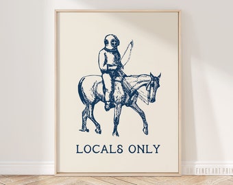 May include: A blue and white illustration of a diver riding a horse with the text "Locals Only" below.