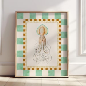 Funky Tintenfisch Druck, Küche druckbare Wandkunst, moderne karierte Maximalist Kunst, Limettencreme Küchendekor, Fische und Meerestiere Digitaler Download A237