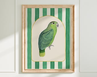 Green Striped Parrot Print, Trendy Maximalist Aesthetic Decor, Vintage Bird Wall Art, Printable Art Digital Download A240