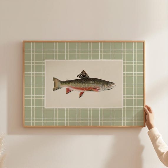 Vintage Fish Painting Art Print, Country Cottage Green Kitchen Decor, Fisherman Aesthetic Wall Art, Trout Fishing Printable Download A316