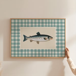Teal Vintage Fish Art Print, Country Kitchen Wall Decor, Cottagecore Aesthetic, Vintage Salmon Painting, Fisherman Digital Printable A319