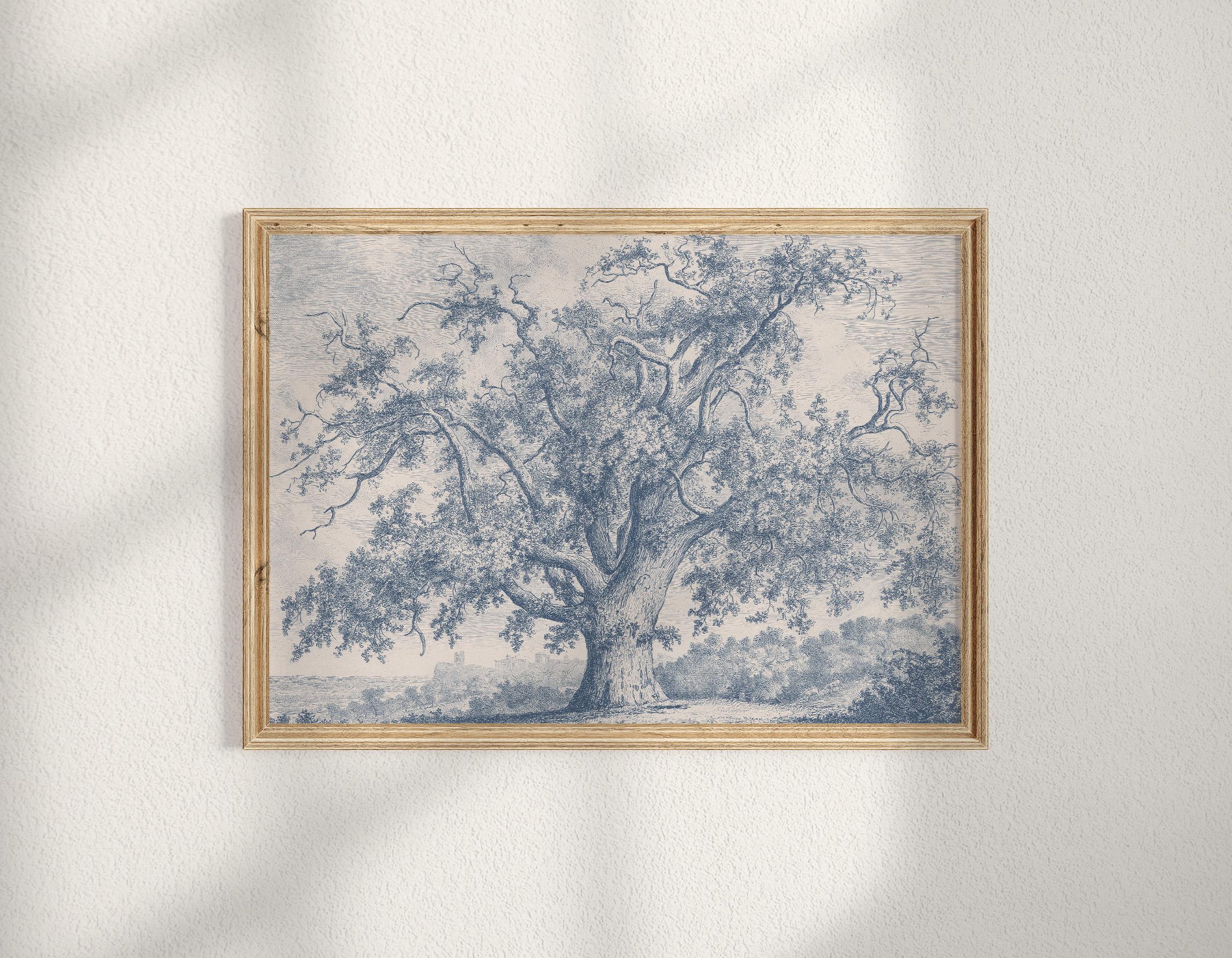 French Blue Landscape Print, Vintage Country Cottage Decor, Shabby Farmhouse Printable Wall Art, Antique Tree Sketch, Digital Download A377