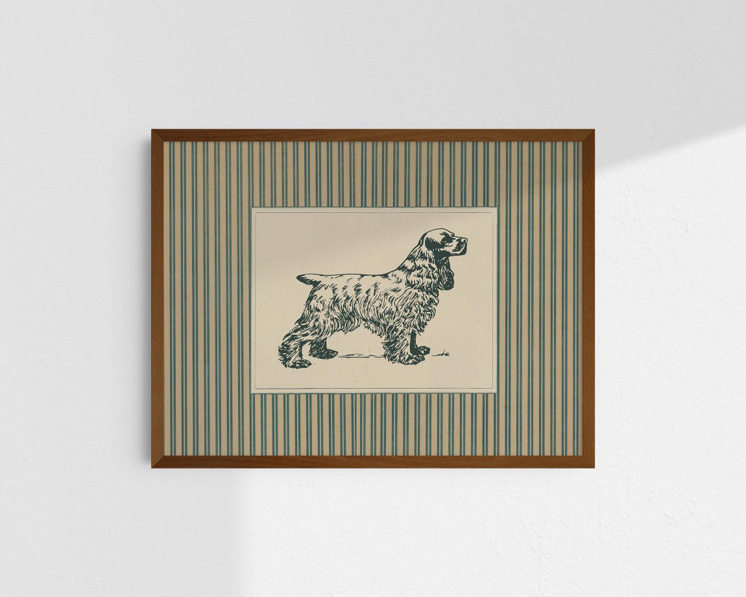Vintage Cocker Spaniel Illustration, Striped Dog Art Print, Rustic ...