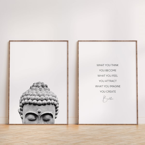 Buddha Wall Art, Set of 2 Prints, Buddha Quote Print, Boho Decor, Black and White Prints, PRINTABLE Wall Art, Boho Bedroom Art