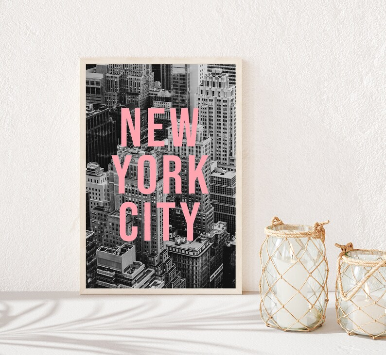 New York Digital Print, Black and White Print, Printable Wall Art, New York City Typography Travel Poster, NYC Aerial Photography image 3