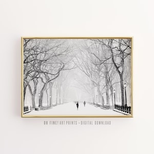 以下が含まれることがあります： 木々が並ぶ雪降る街の通りの白黒写真。2人の人が通りの真ん中を歩いている。