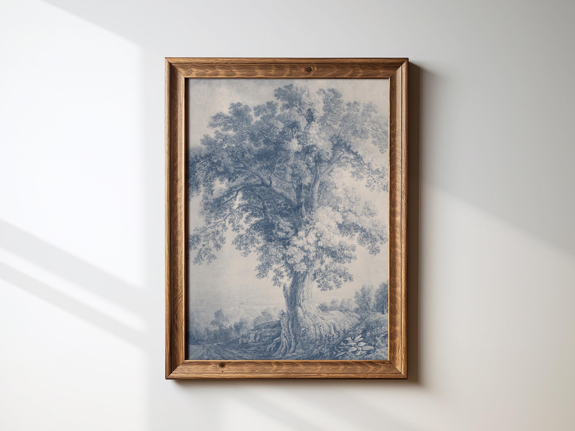 French Country Landscape Prints Set, Vintage Blue Tree Wall Art ...