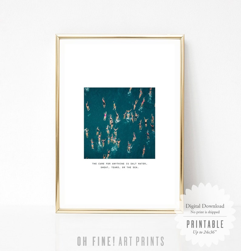 May include: An aerial view of a group of people swimming in a turquoise blue ocean. The text "THE CURE FOR ANYTHING IS SALT WATER, SWEAT, TEARS, OR THE SEA." is printed below the image.