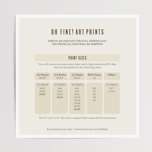 Puede incluir: Una impresi&oacute;n art&iacute;stica beige con el texto "OH FINE! ART PRINTS". Detalla los tama&ntilde;os de impresi&oacute;n en cm, incluyendo 61x76, 46x61 y 61x91. El texto tambi&eacute;n indica que es una descarga digital instant&aacute;nea y que no se enviar&aacute; ning&uacute;n art&iacute;culo f&iacute;sico.