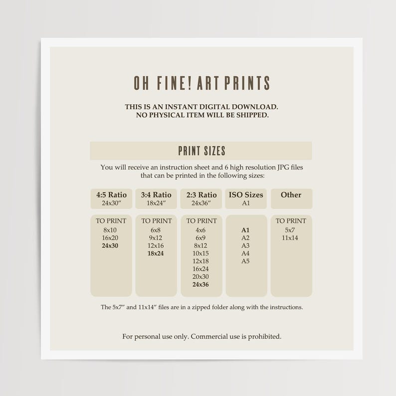Puede incluir: Una impresi&oacute;n art&iacute;stica beige con el texto "OH FINE! ART PRINTS". Detalla los tama&ntilde;os de impresi&oacute;n en cm, incluyendo 61x76, 46x61 y 61x91. El texto tambi&eacute;n indica que es una descarga digital instant&aacute;nea y que no se enviar&aacute; ning&uacute;n art&iacute;culo f&iacute;sico.