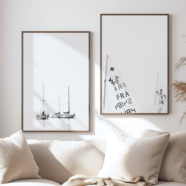 Art mural voile, lot de 2 impressions, impressions voilier, impressions noir et blanc, décoration nautique, art mural à imprimer, cadeau pour homme