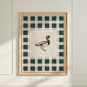 May include: A green and white gingham pattern with a mallard duck illustration in the center. The duck is facing right and has a green head and a brown body.