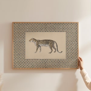 May include: A framed print of a leopard with a brown and black spotted pattern, set against a beige background. The frame has a decorative border of small, repeating blue and gold circles.