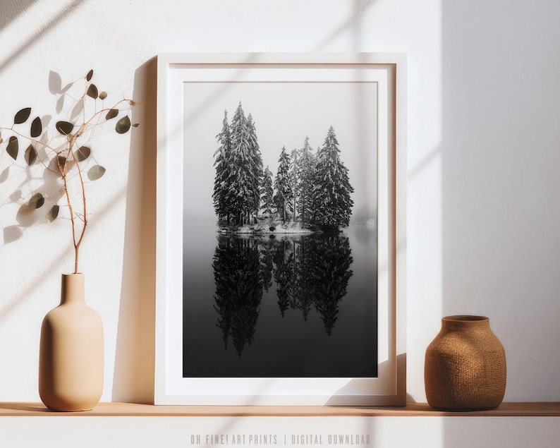 Black and White Pine Trees on Lake Landscape Print, Winter Decor