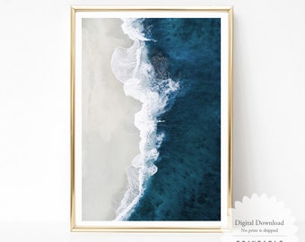 Beach Print Download, Aerial Ocean Print, Modern Coastal Printable, Wall Art, Prints, Indigo Blue Wall Decor, Beach Digital Print