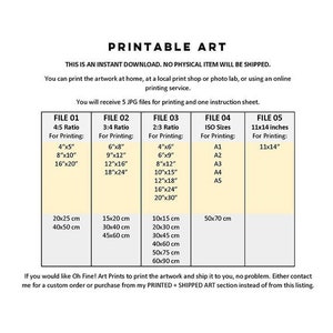 May include: Printable art download guide with five different file sizes and corresponding measurements in inches and centimeters. The guide includes ISO paper sizes and 11x14 inches. The text states that this is an instant download and no physical item will be shipped.