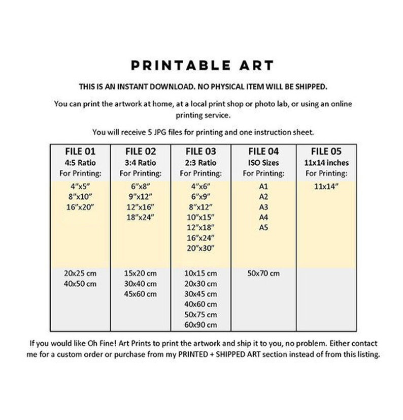 May include: Printable art download guide with five different file sizes and corresponding measurements in inches and centimeters. The guide includes ISO paper sizes and 11x14 inches. The text states that this is an instant download and no physical item will be shipped.