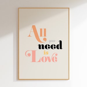 All You Need is Love Print, wydruk do sypialni, dekoracja ścienna do sypialni w stylu retro, sztuka do sypialni, typografia vintage, wydruki z cytatami, sztuka do druku