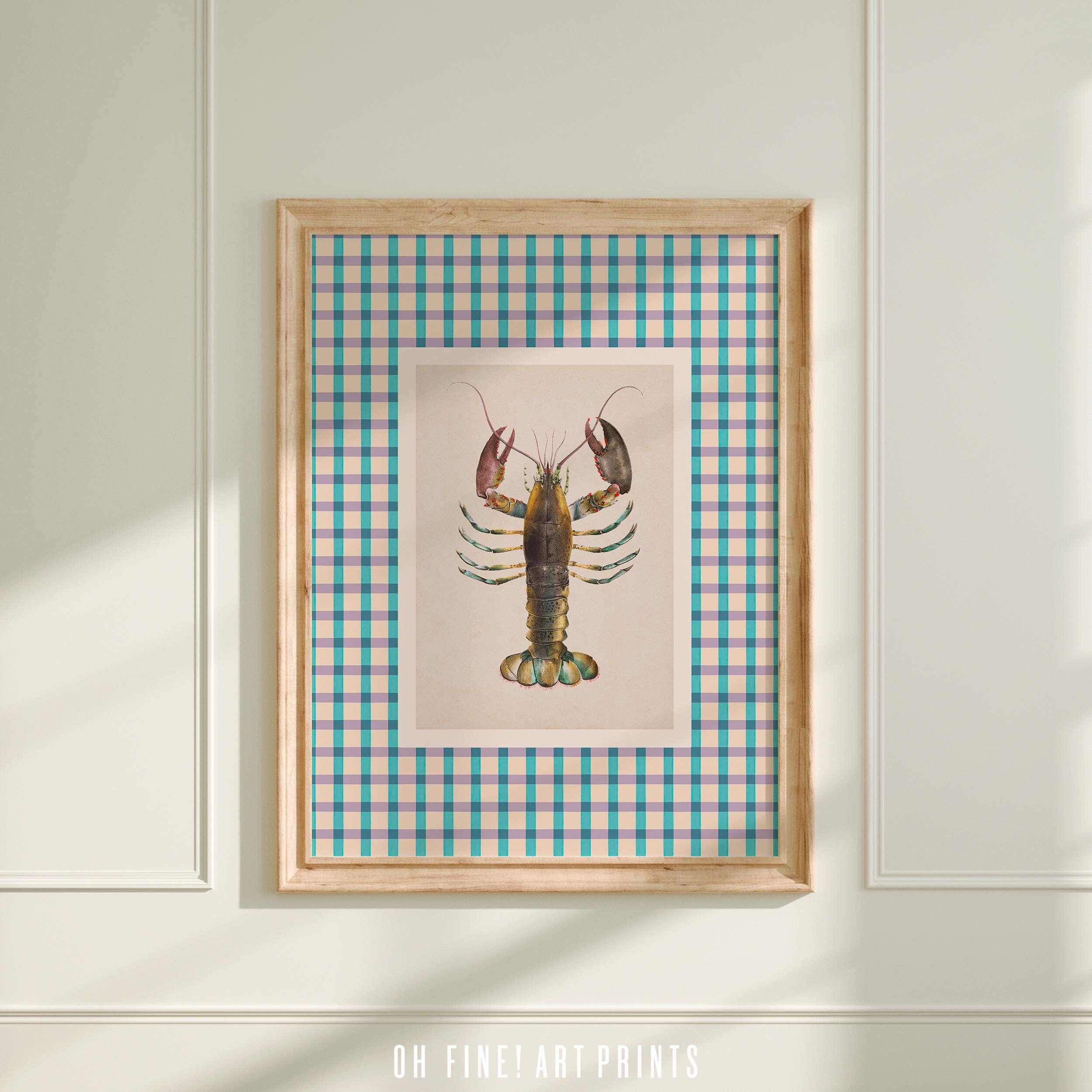 Vintage Lobster Art Print, Gingham Cottagecore Kitchen Decor, Digital Downloadable Wall Art, Trendy Coastal Printable Art A256