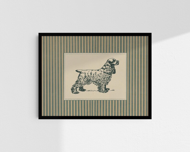 Rustic Vintage Cocker Spaniel Art Print, Teal Striped Cottagecore Dog ...