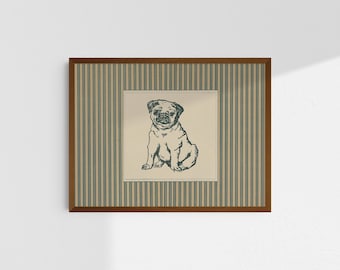 Vintage Pug Sketch Print, Striped Dog Wall Art, Rustic Cottagecore Wall Decor