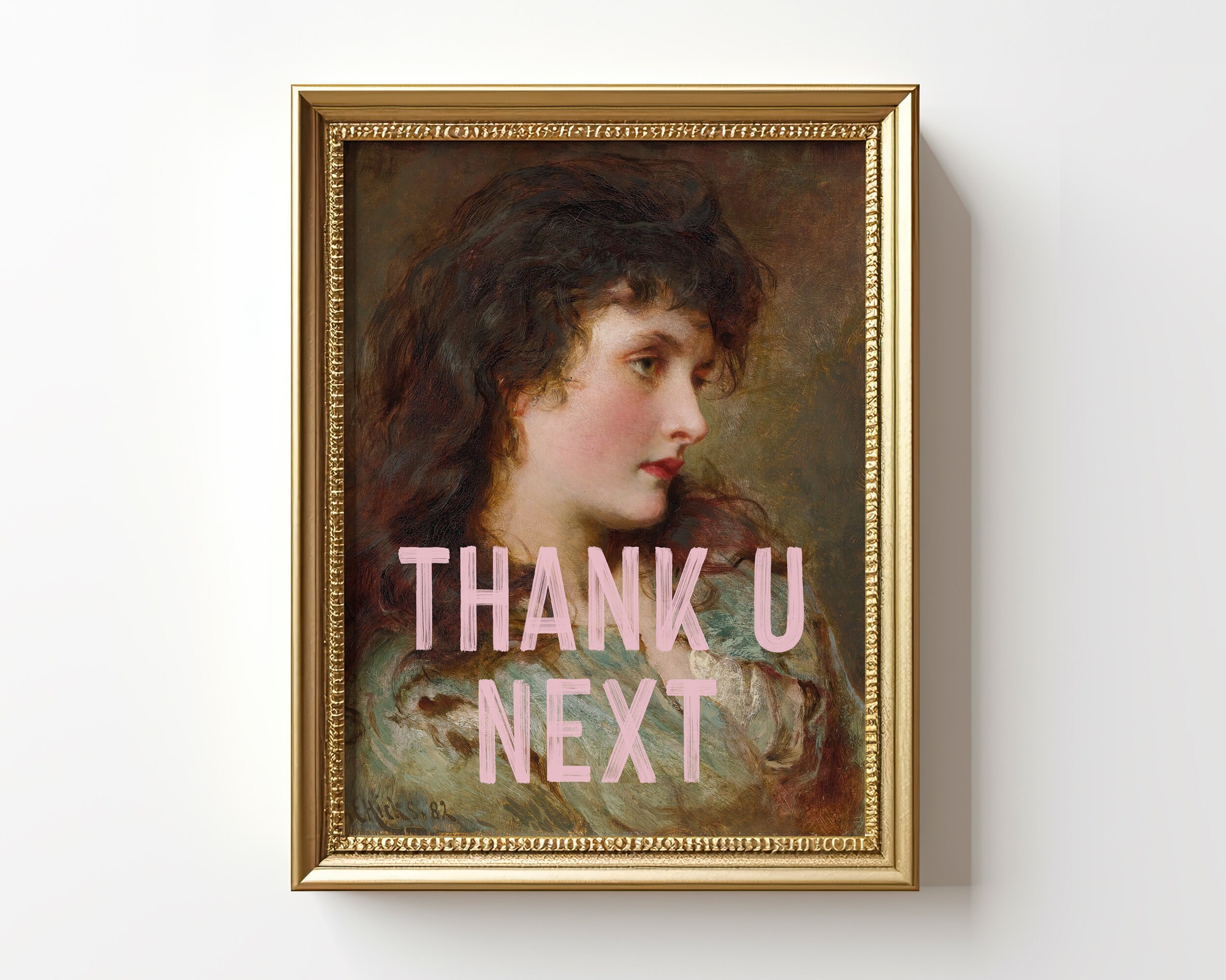 Thank U Next Print, Trendy Wall Art, Apartment Decor, Funny Altered Art Vintage Portrait Painting, Music Lover Gift For Her