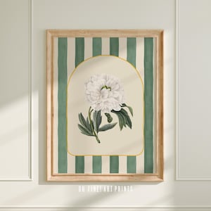 May include: A white peony flower with green leaves in a gold and white archway on a green and white striped background. "Oh Fine! Art Prints" is printed at the bottom of the image.
