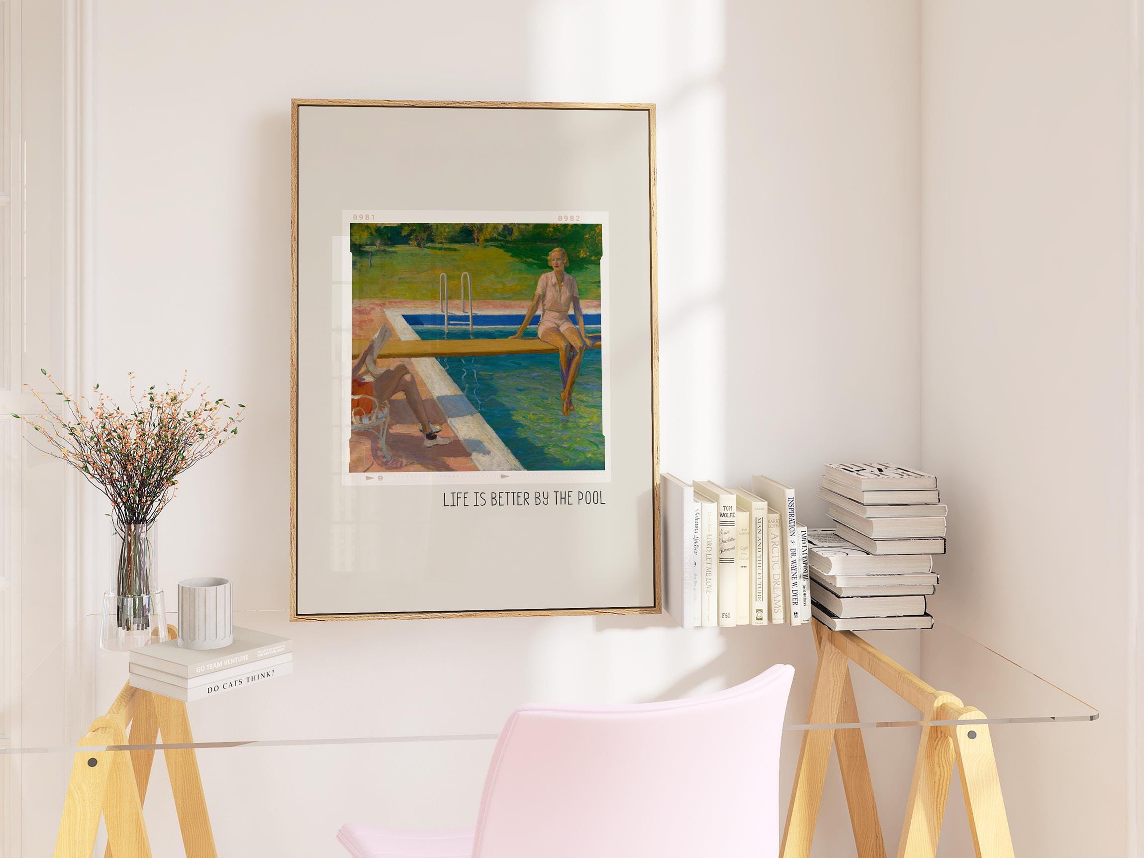 Woman at Swimming Pool Art Print, Mid Century Modern Decor, Retro