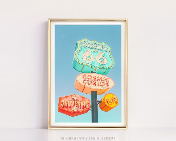 Vintage Route 66 Sign Photo, Printable Art, Mid Century Modern Decor, Colorful Pastel Retro Wall Art, Digital Prints Download
